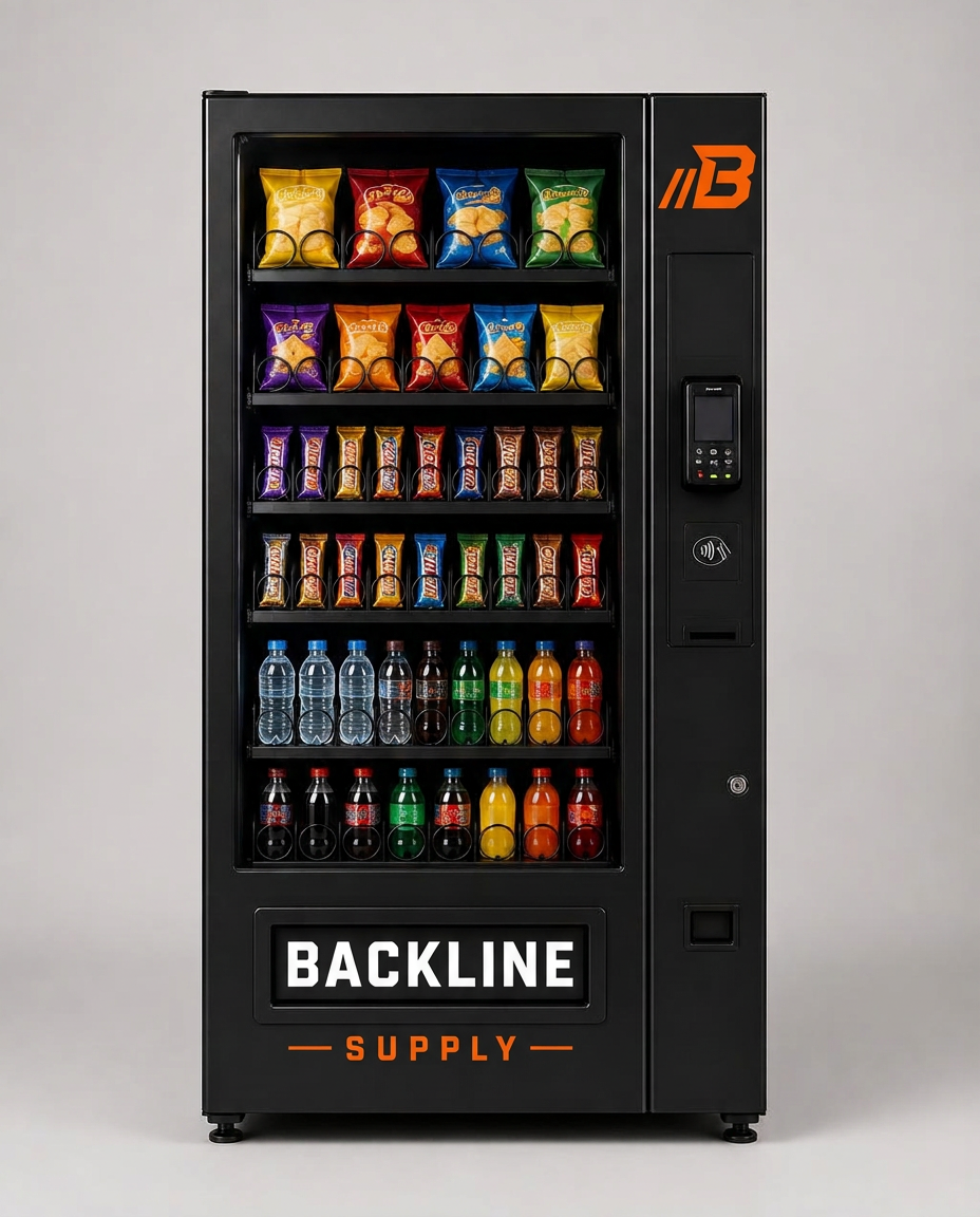 Backline Supply branded snack and cold drink vending machine with card and contactless payment